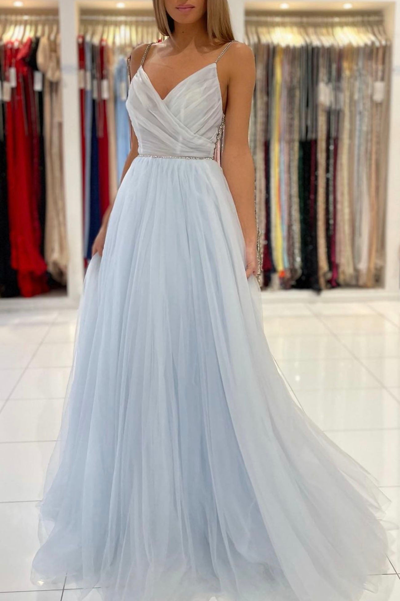 Blue V-Neck Tulle Long Prom Dress, A-Line Spaghetti Straps Evening Party Dress