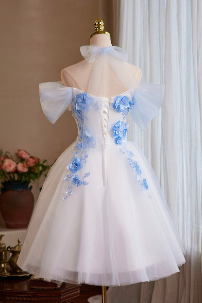 White Tulle and Blue Flowers Short Prom Dress, Cute A-Line Homecoming Party Dress
