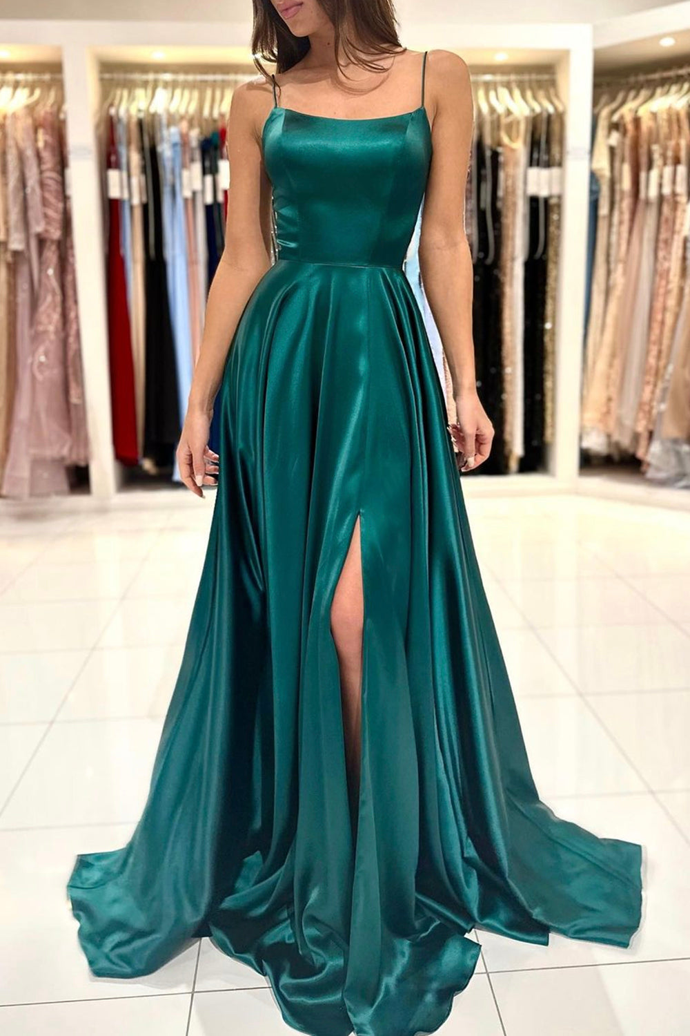 Green Satin Long Prom Dress, Simple A-Line Evening Dress