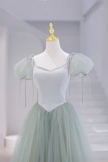 Lovely Tulle Floor Length Prom Dress, A-Line Short Sleeve Evening Party Dress