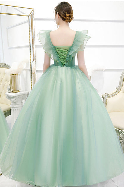 Green Tulle Long A-Line Prom Dress with Lace, Green Evening Formal Gown