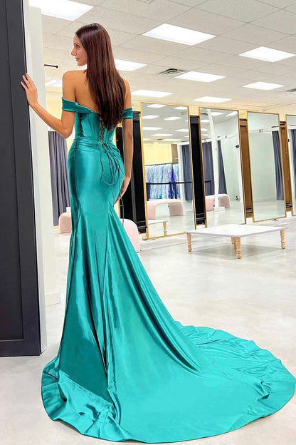 Mermaid Off-the-Shoulder Long Prom Dress, Green Satin Corset High Slit Evening Dress