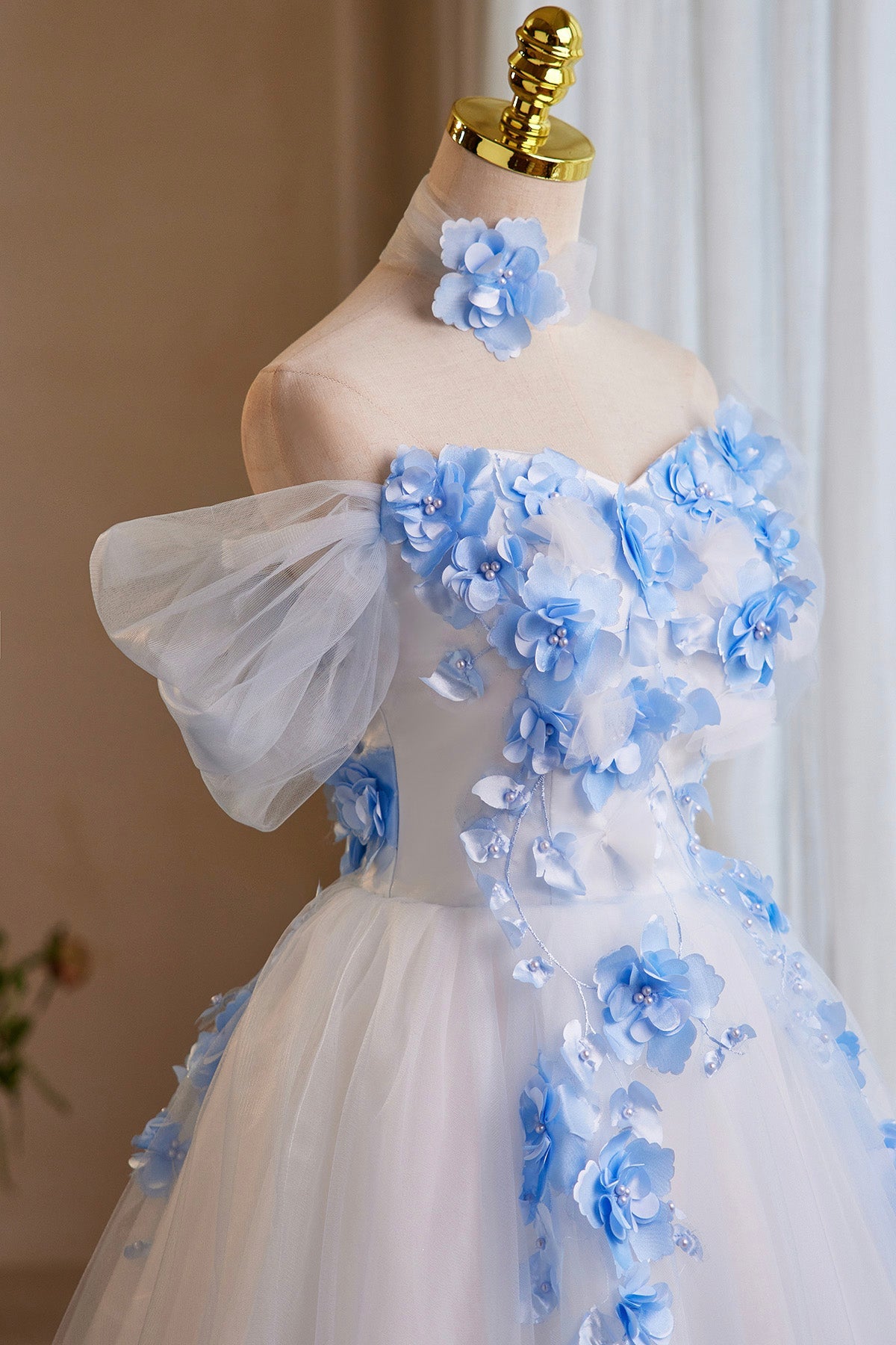 White Tulle and Blue Flowers Short Prom Dress, Cute A-Line Homecoming Party Dress