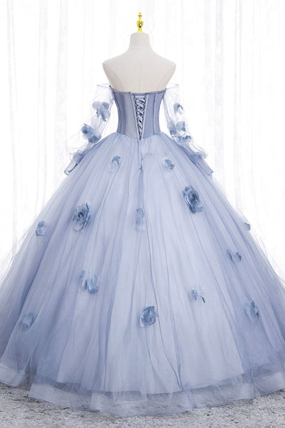 Blue Tulle Long Sleeves Formal Dress with Flowers, Blue A-Line Prom Dress