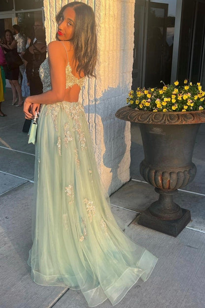 Light Green V-neck Lace Long Prom Dress,A-Line Holiday Dresses Party with Slit