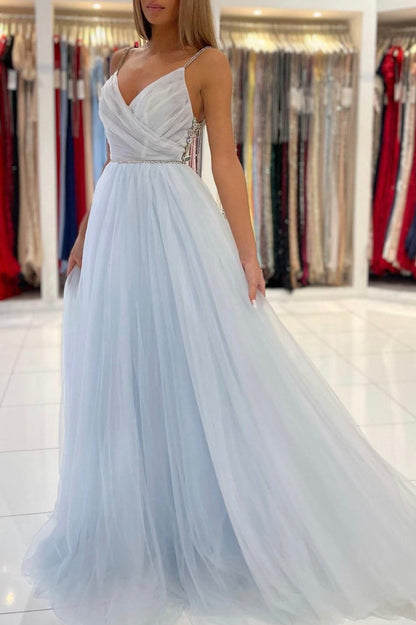 Blue V-Neck Tulle Long Prom Dress, A-Line Spaghetti Straps Evening Party Dress