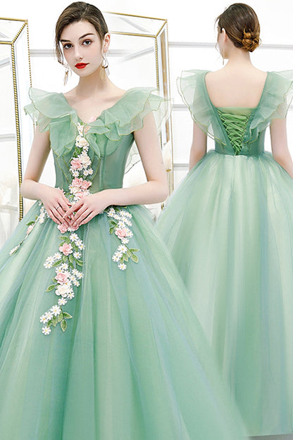 Green Tulle Long A-Line Prom Dress with Lace, Green Evening Formal Gown