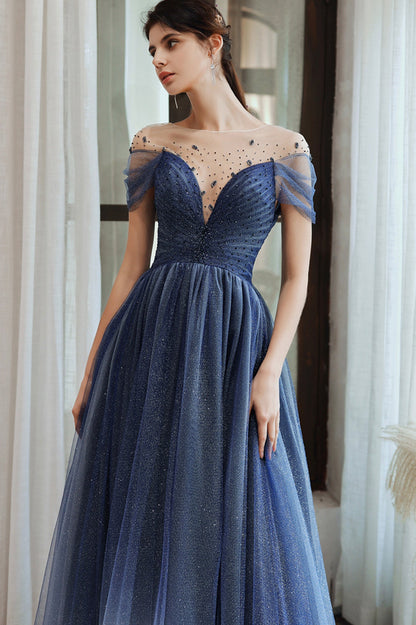 Blue Scoop Tulle Long Formal Dress, A-Line Evening Party Dress