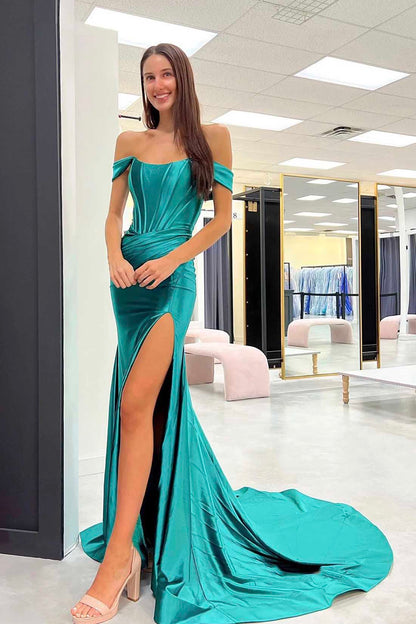 Mermaid Off-the-Shoulder Long Prom Dress, Green Satin Corset High Slit Evening Dress