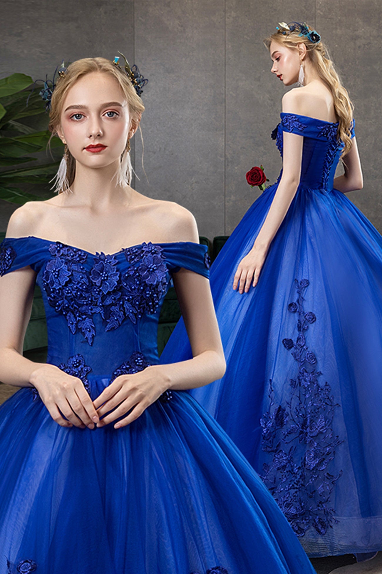 Blue Lace Long A-Line Ball Gown, Blue Off the Shoulder Formal Evening Dress