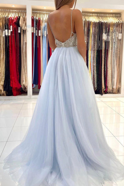Blue V-Neck Tulle Long Prom Dress, A-Line Spaghetti Straps Evening Party Dress