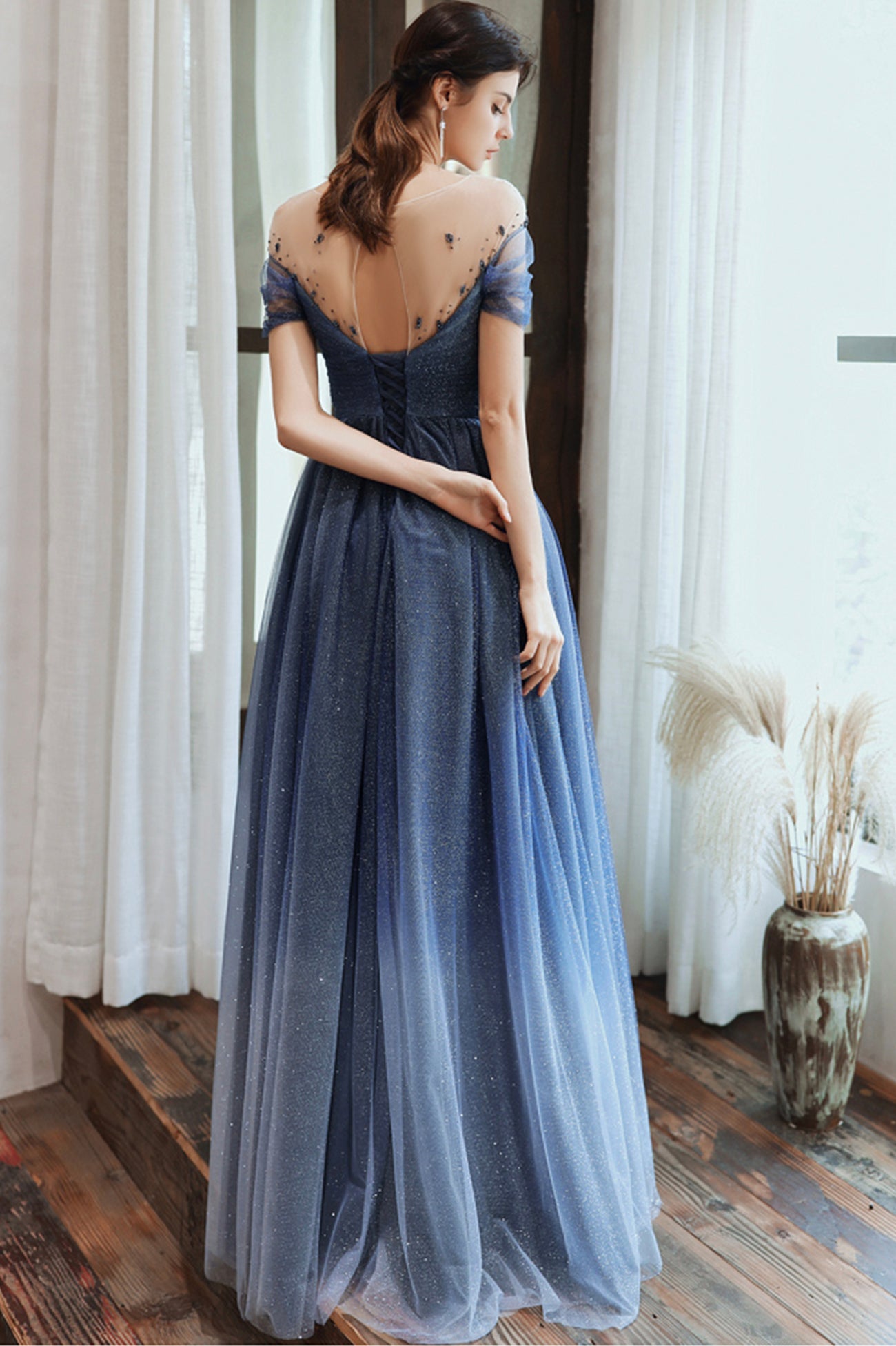 Blue Scoop Tulle Long Formal Dress, A-Line Evening Party Dress