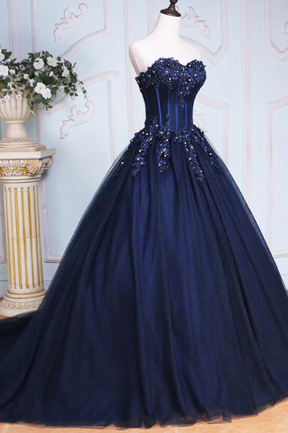 Dark Blue Tulle Lace Princess Dress, Beautiful A-Line Strapless Long Prom Dress