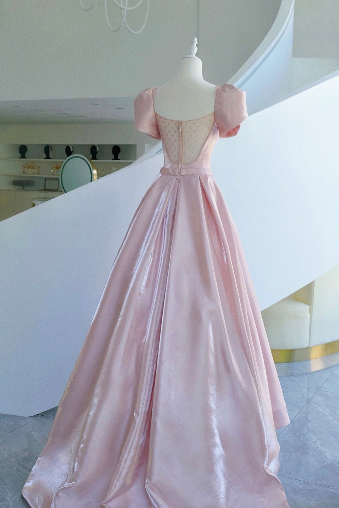 Pink Satin Long Prom Dress, Beautiful A-Line Evening Dress with Bow