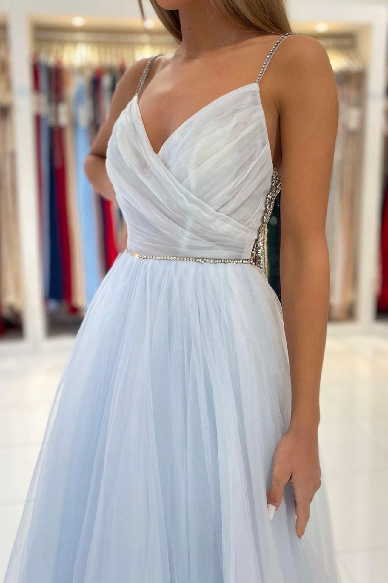 Blue V-Neck Tulle Long Prom Dress, A-Line Spaghetti Straps Evening Party Dress