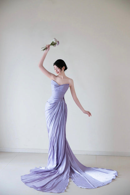 Lilac Strapless Long Prom Dress, Beautiful Backless Evening Party Dress