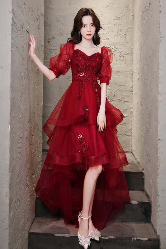 Burgundy Lace High Low Prom Dress, A-Line 1/2 Sleeve Evening Party Dress
