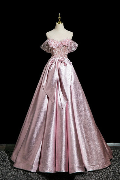 Pink Flower Satin Long Prom Dress, Beautiful Off the Shoulder Party Dress