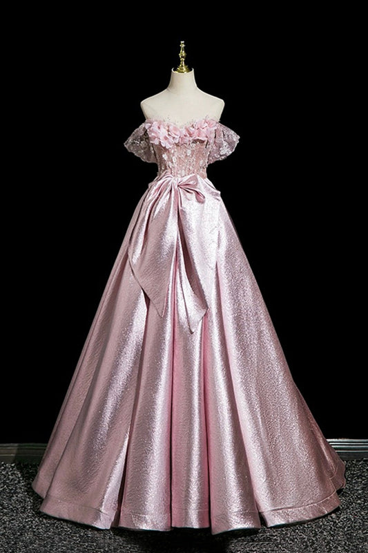 Pink Flower Satin Long Prom Dress, Beautiful Off the Shoulder Party Dress