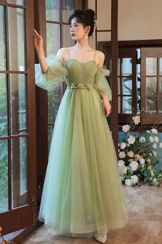 Green Spaghetti Straps Tulle Party Dress, Green Sweetheart Long Prom Dress