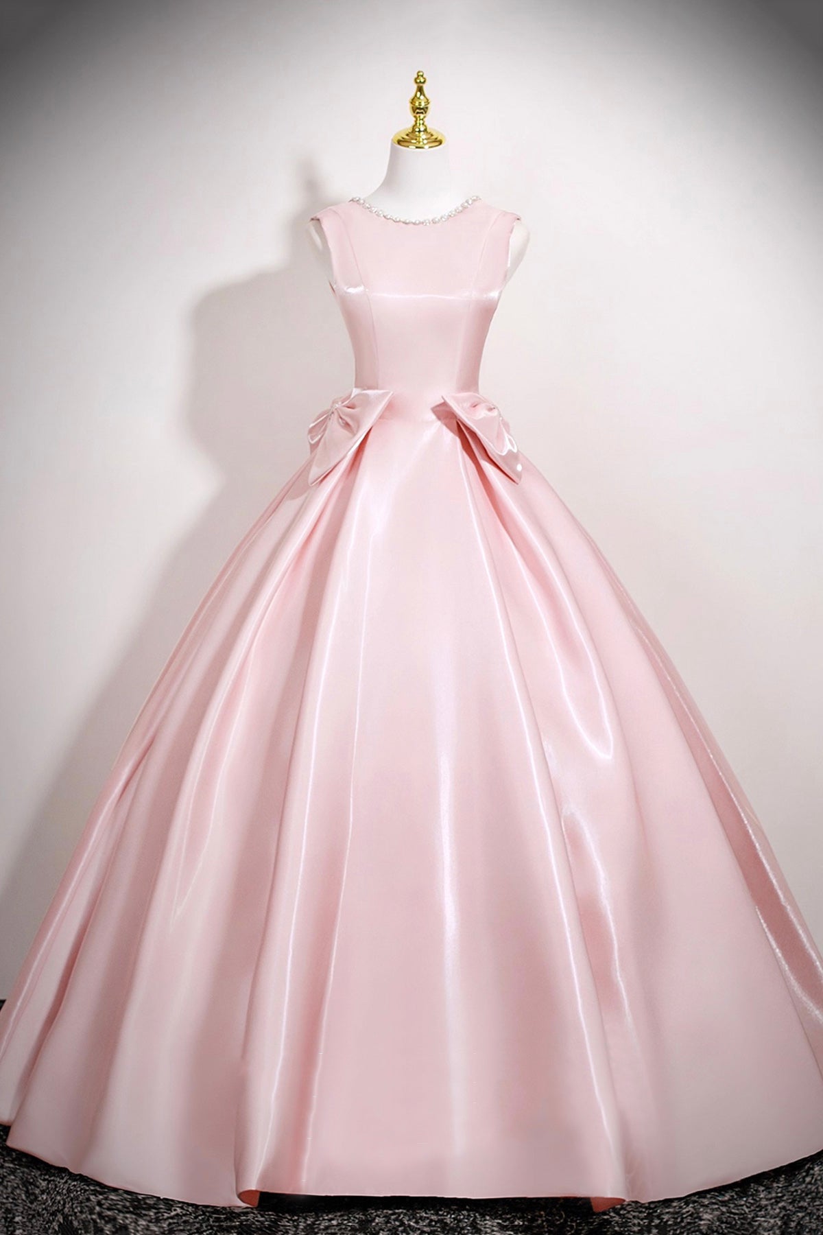 Pink Satin Long Prom Dress with Bow, Pink A-Line Evening Party Dress
