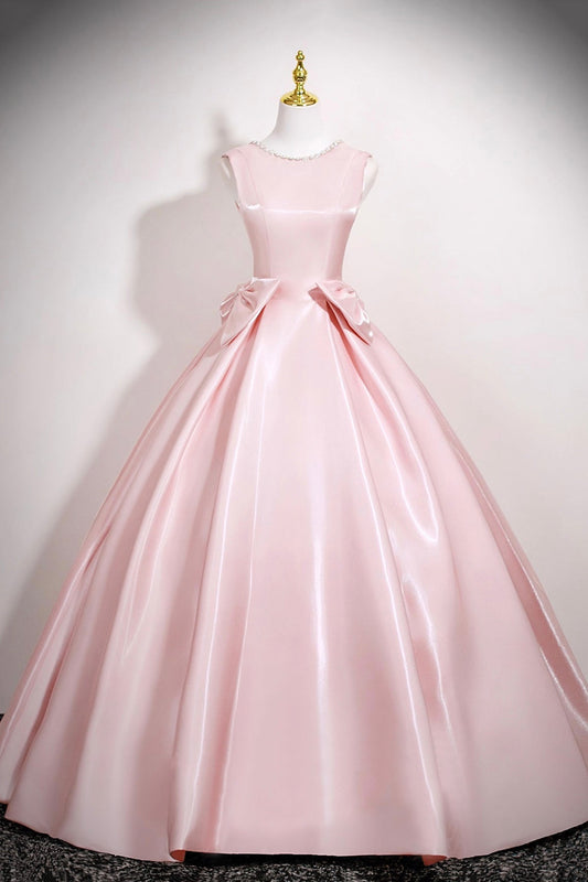 Pink Satin Long Prom Dress with Bow, Pink A-Line Evening Party Dress