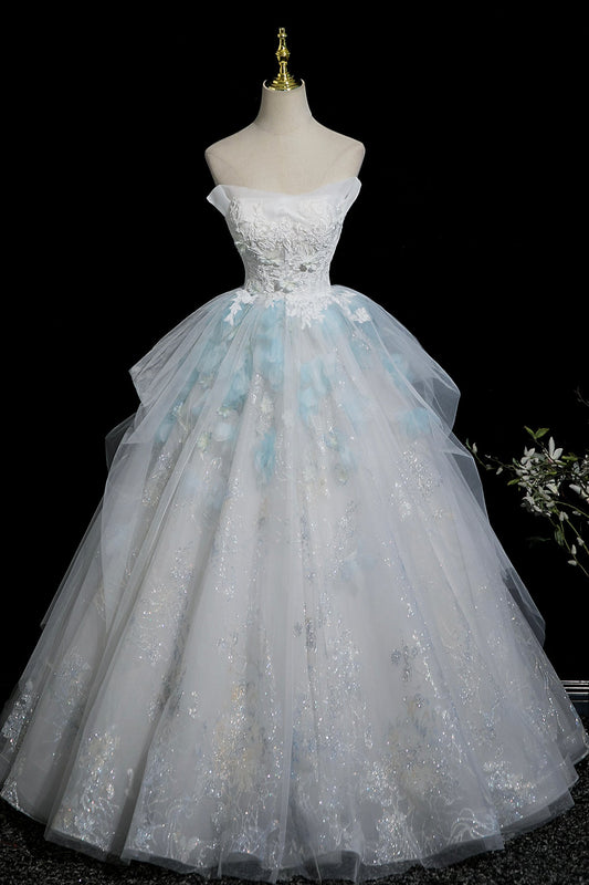 Beautiful Blue Glitter Lace Flower Prom Dress, A-Line Strapless Evening Party Dress
