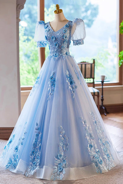 Blue Lace Flowers Long Prom Dress, Beautiful V-Neck Evening Party Dress