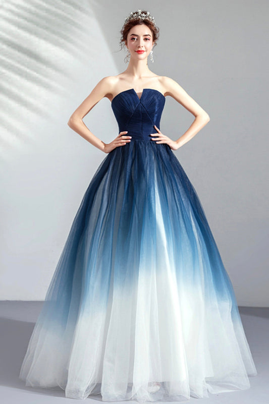 Blue Gradient Tulle Strapless Long A-Line Prom Dress, Blue Evening Party Dress