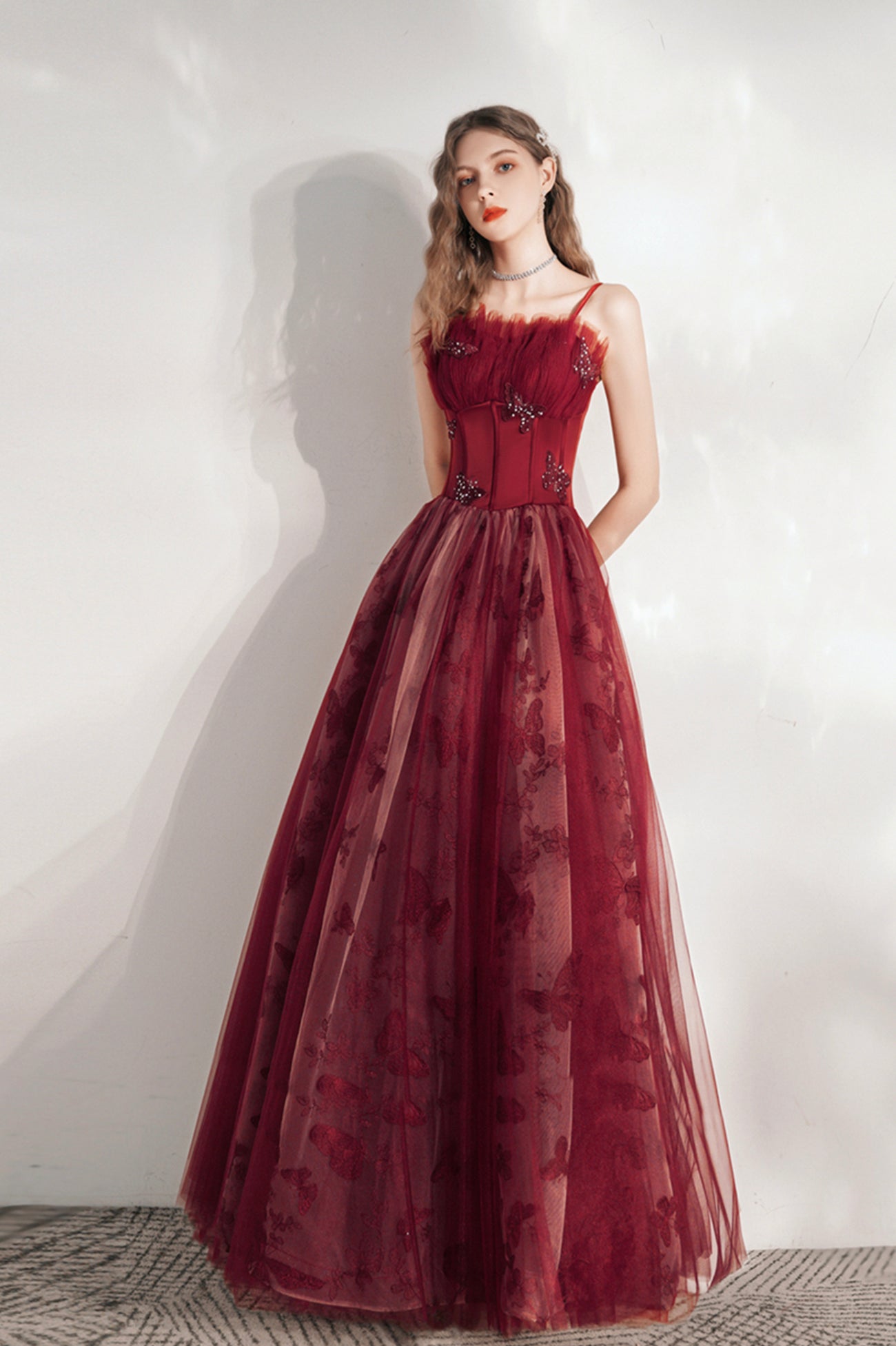 Burgundy Spaghetti Strap Tulle Long Prom Dress, Lovely A-Line Prom Dress