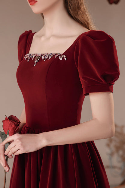 Burgundy Velvet Long Prom Dress, Burgundy Short Sleeve Evening Dress