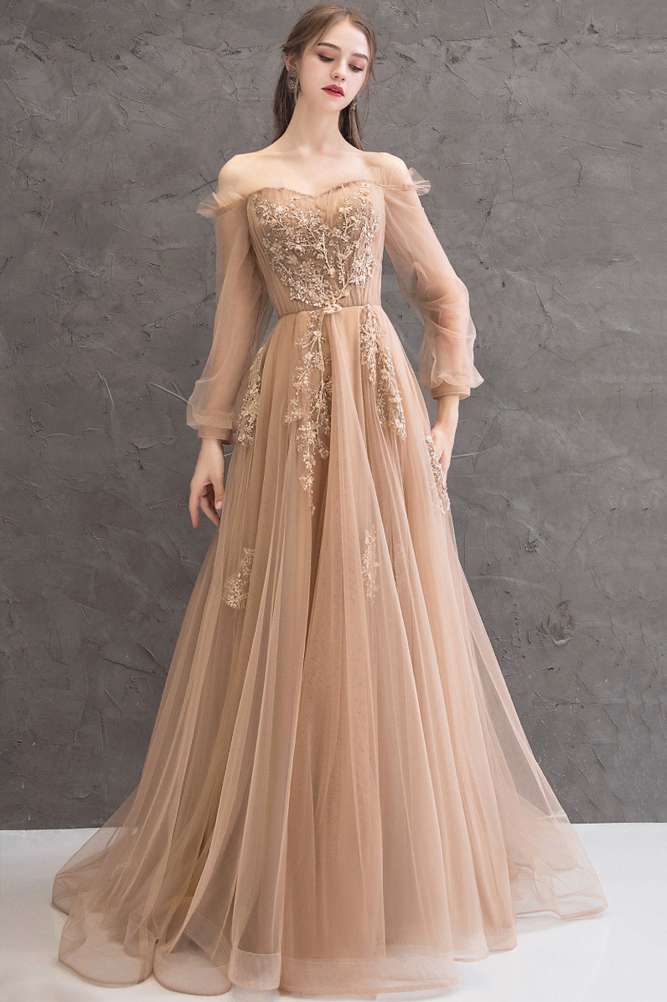 Cute Tulle Lace Off the Shoulder Evening Dress, Long Sleeve  A-Line Prom Dress