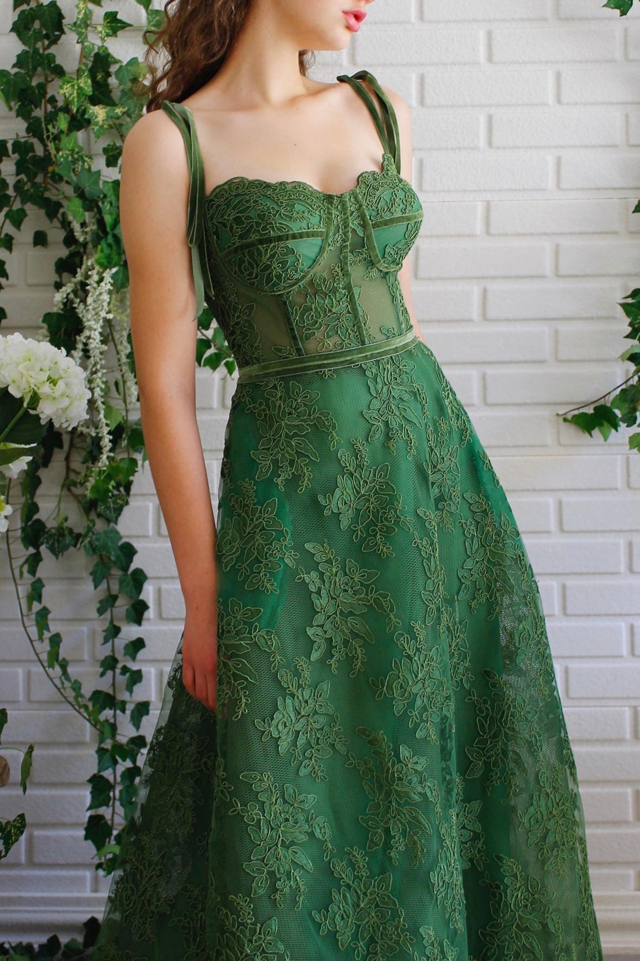 Green Lace Long Formal Evening Dress, A-Line Spaghetti Straps Prom Dress