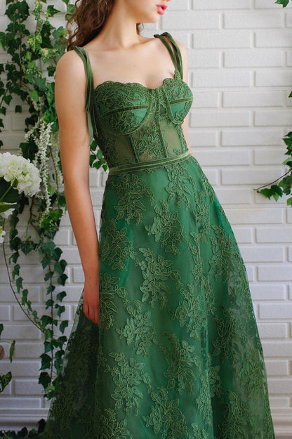 Green Lace Long Formal Evening Dress, A-Line Spaghetti Straps Prom Dress