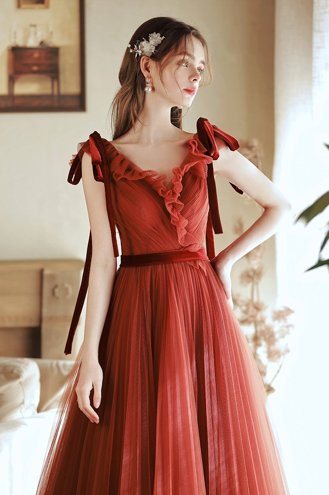 A-Line V-Neck Tulle Long Prom Dress