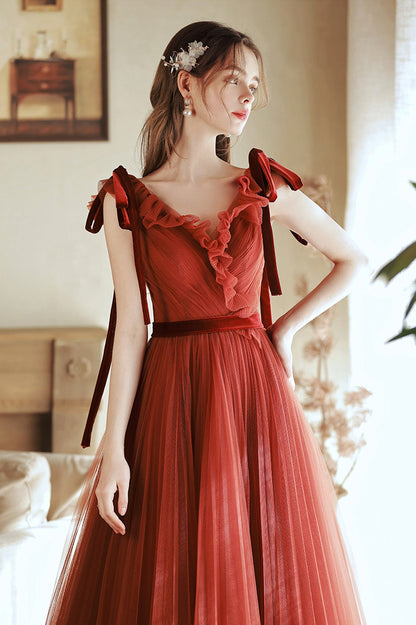 A-Line V-Neck Tulle Long Prom Dress