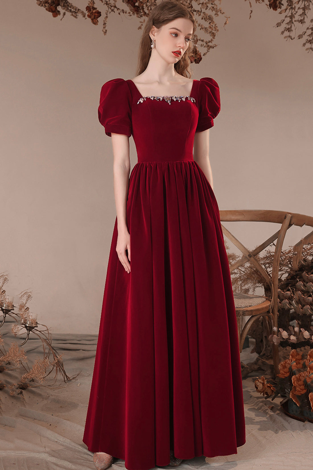 Burgundy Velvet Long Prom Dress, Burgundy Short Sleeve Evening Dress