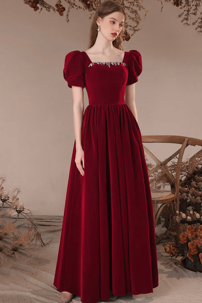Burgundy Velvet Long Prom Dress, Burgundy Short Sleeve Evening Dress