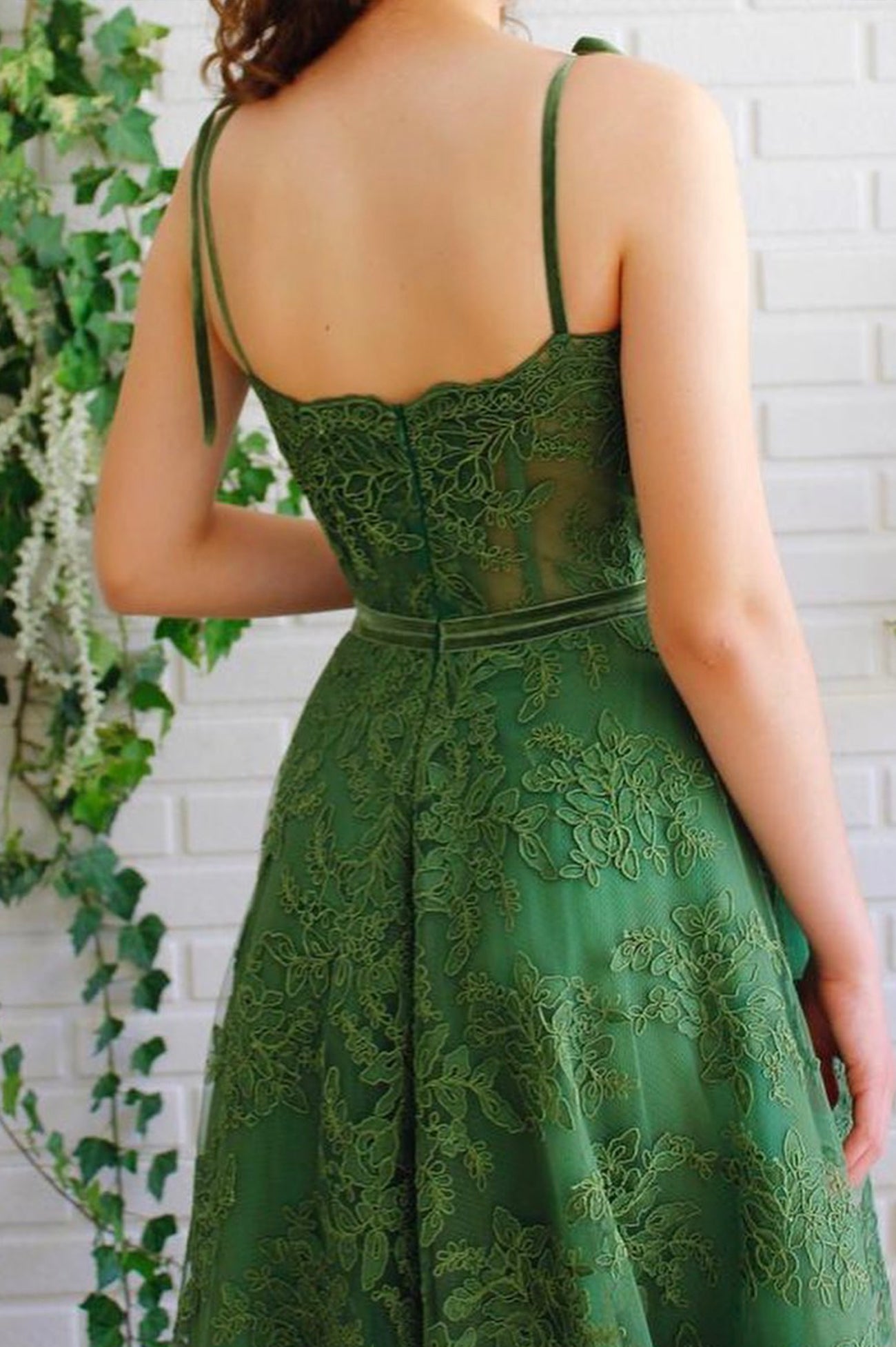 Green Lace Long Formal Evening Dress, A-Line Spaghetti Straps Prom Dress