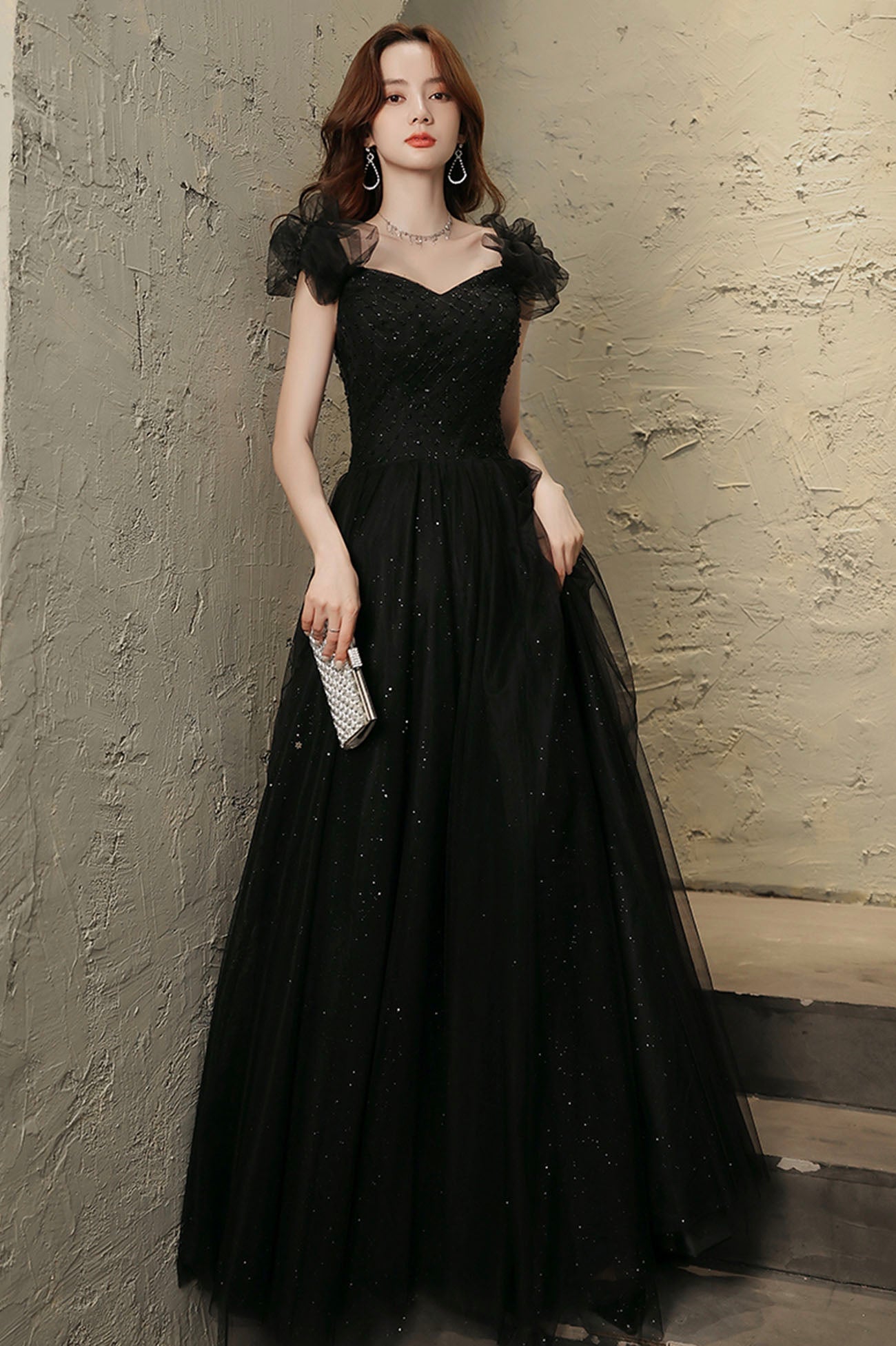 Black Tulle Long Prom Dress with Beaded, Black Evening Graduation Dress