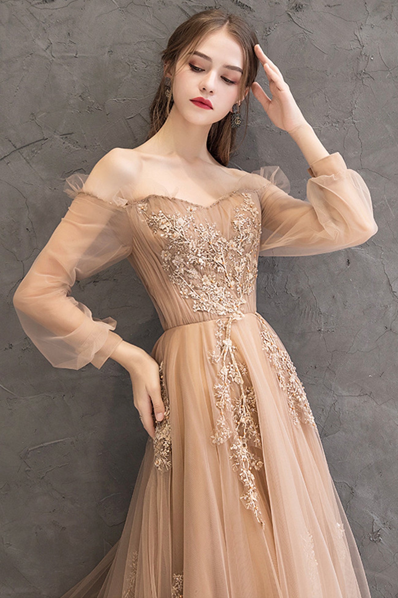 Cute Tulle Lace Off the Shoulder Evening Dress, Long Sleeve  A-Line Prom Dress