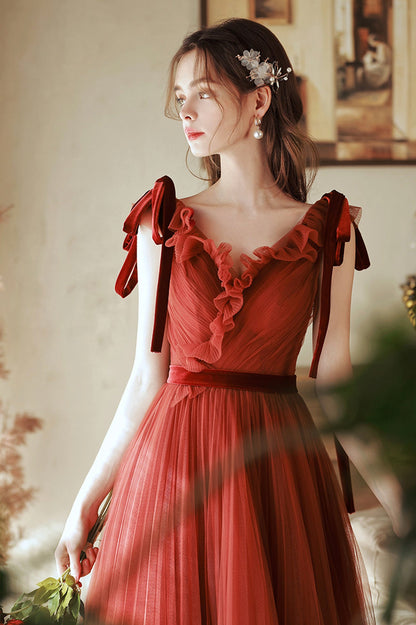 A-Line V-Neck Tulle Long Prom Dress