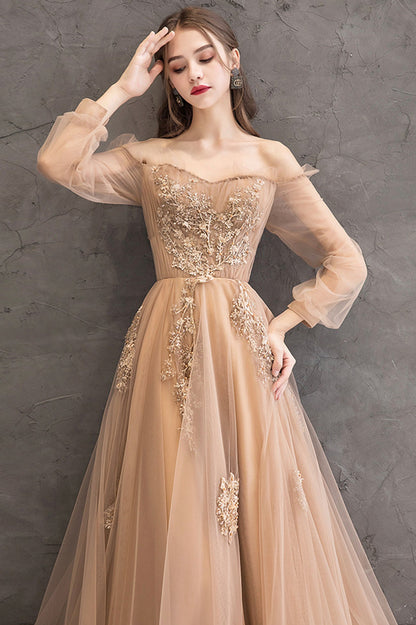Cute Tulle Lace Off the Shoulder Evening Dress, Long Sleeve  A-Line Prom Dress