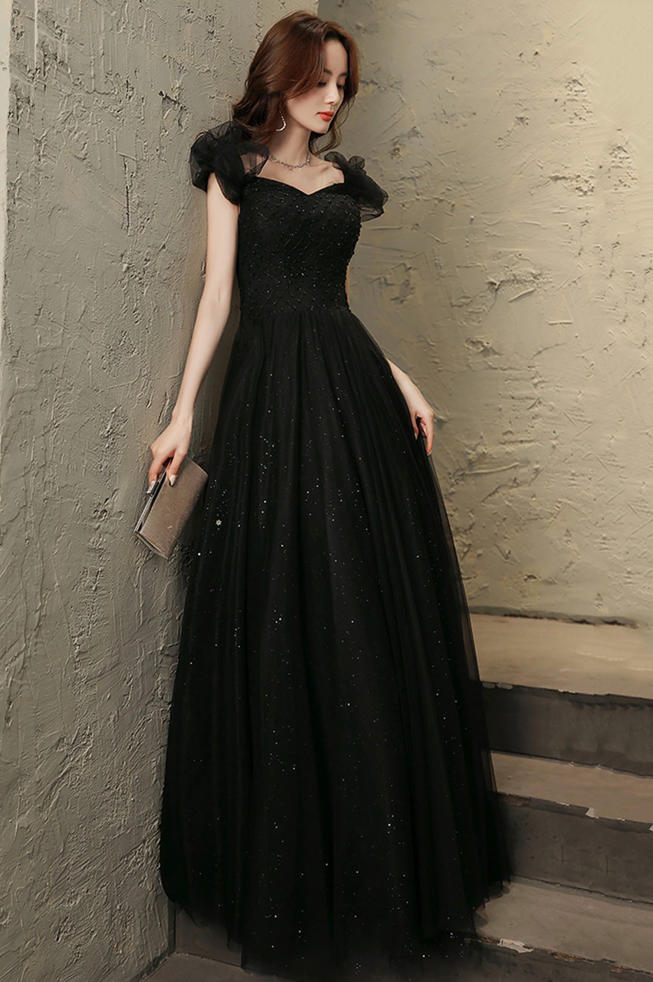 Black Tulle Long Prom Dress with Beaded, Black Evening Graduation Dress