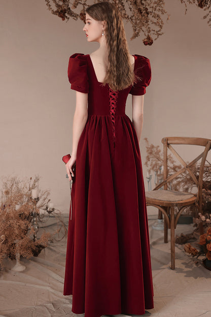 Burgundy Velvet Long Prom Dress, Burgundy Short Sleeve Evening Dress