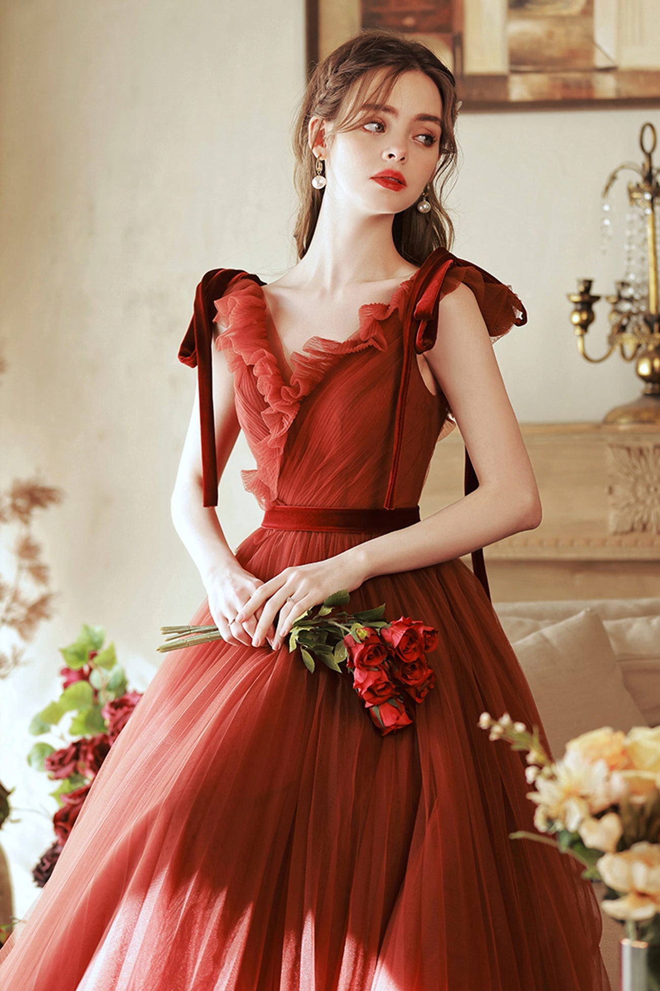 A-Line V-Neck Tulle Long Prom Dress