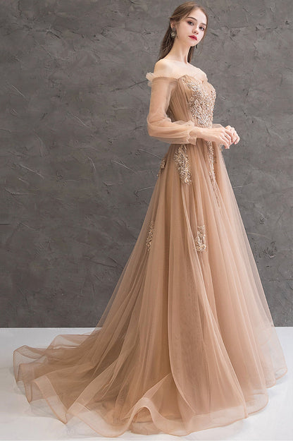 Cute Tulle Lace Off the Shoulder Evening Dress, Long Sleeve  A-Line Prom Dress