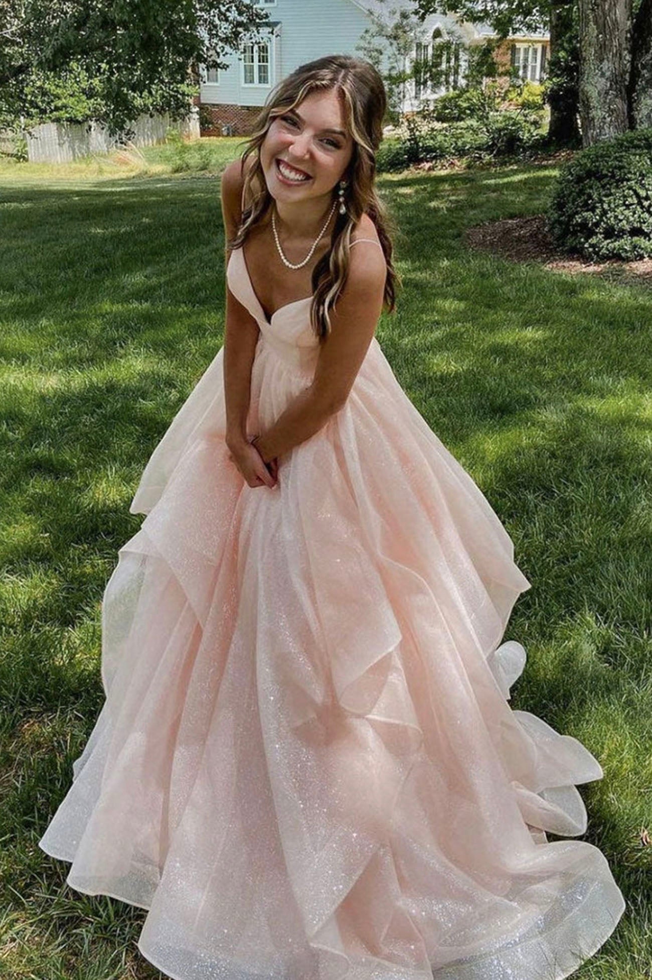 Pink V-Neck Tulle Long Evening Dress, A-Line Backless Prom Dress