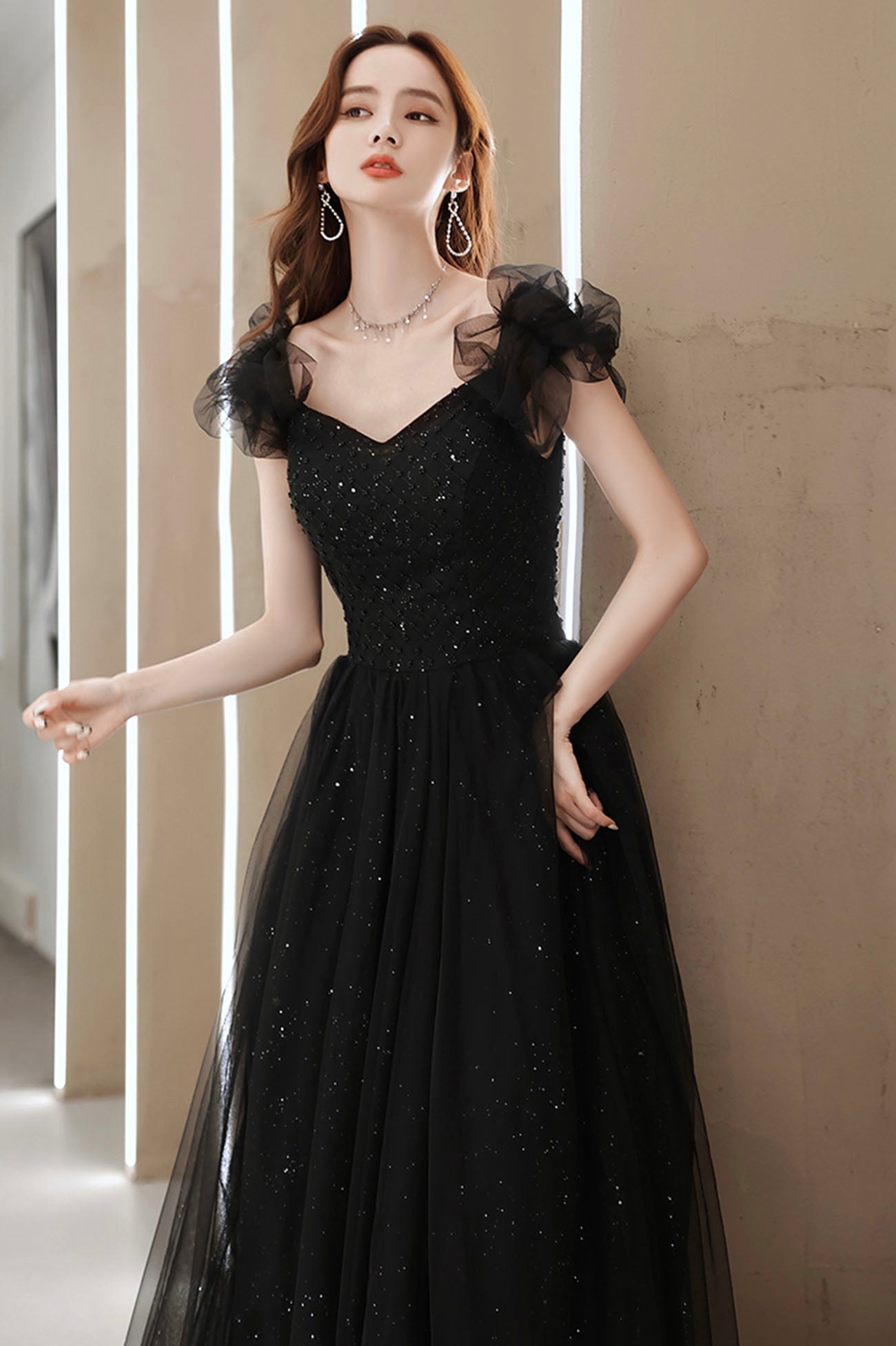 Black Tulle Long Prom Dress with Beaded, Black Evening Graduation Dress