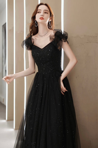 Black Tulle Long Prom Dress with Beaded, Black Evening Graduation Dress